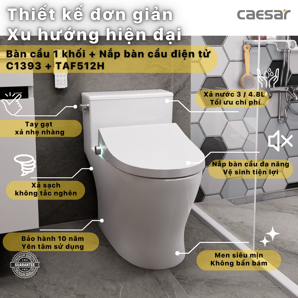 Bàn Cầu Một Khối kết hợp nắp điện tử Caesar C1393F/TAF512H