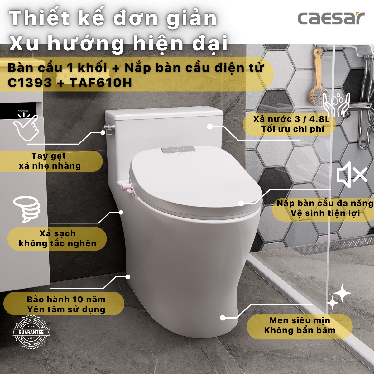 Bàn Cầu Một Khối kết hợp nắp điện tử Caesar C1393F/TAF610H
