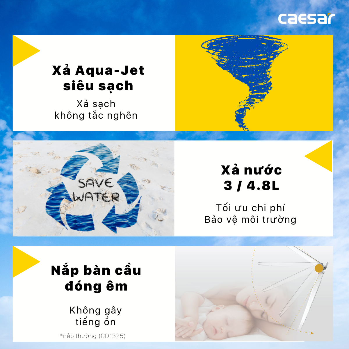 Bàn Cầu hai khối kết hợp với nắp điện tử Caesar CD1325/TAF512H