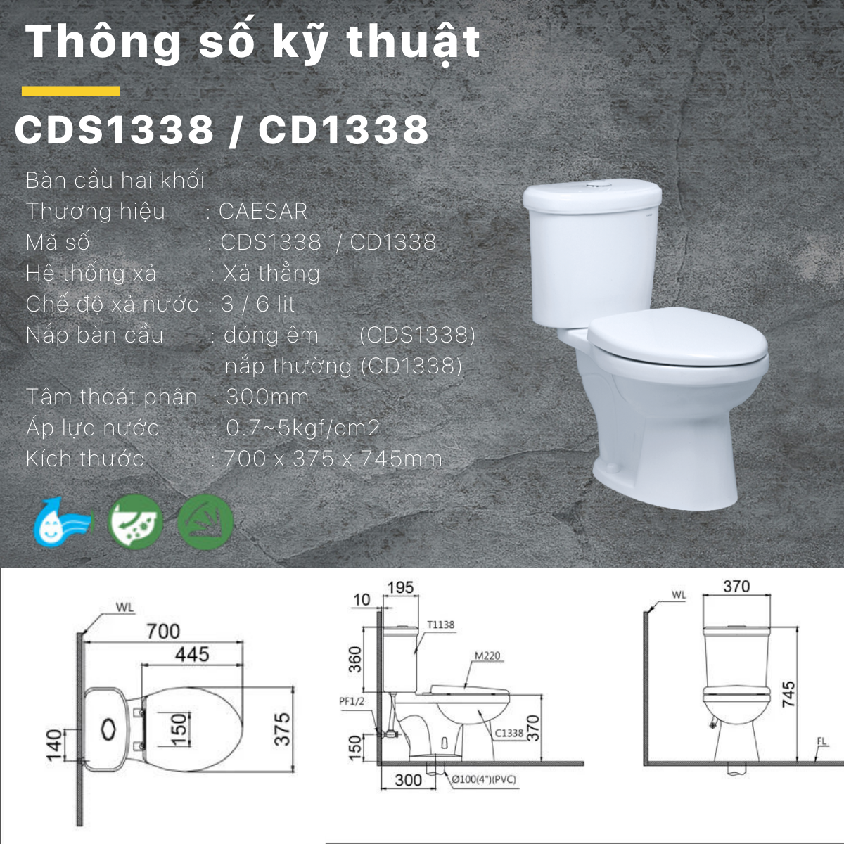 Bàn Cầu hai khối kết hợp với nắp điện tử Caesar CD1338/TAF512H