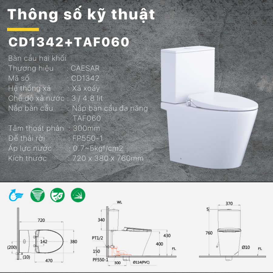 Bàn cầu kết hợp nắp cơ đa năng Caesar CD1342/TAF060