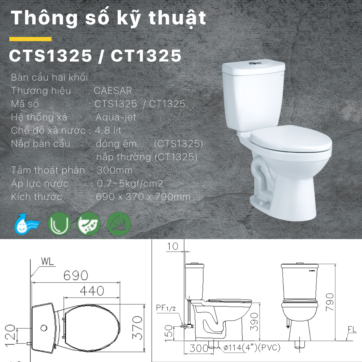 Bàn Cầu hai khối kết hợp với nắp điện tử Caesar CT1325/TAF512H