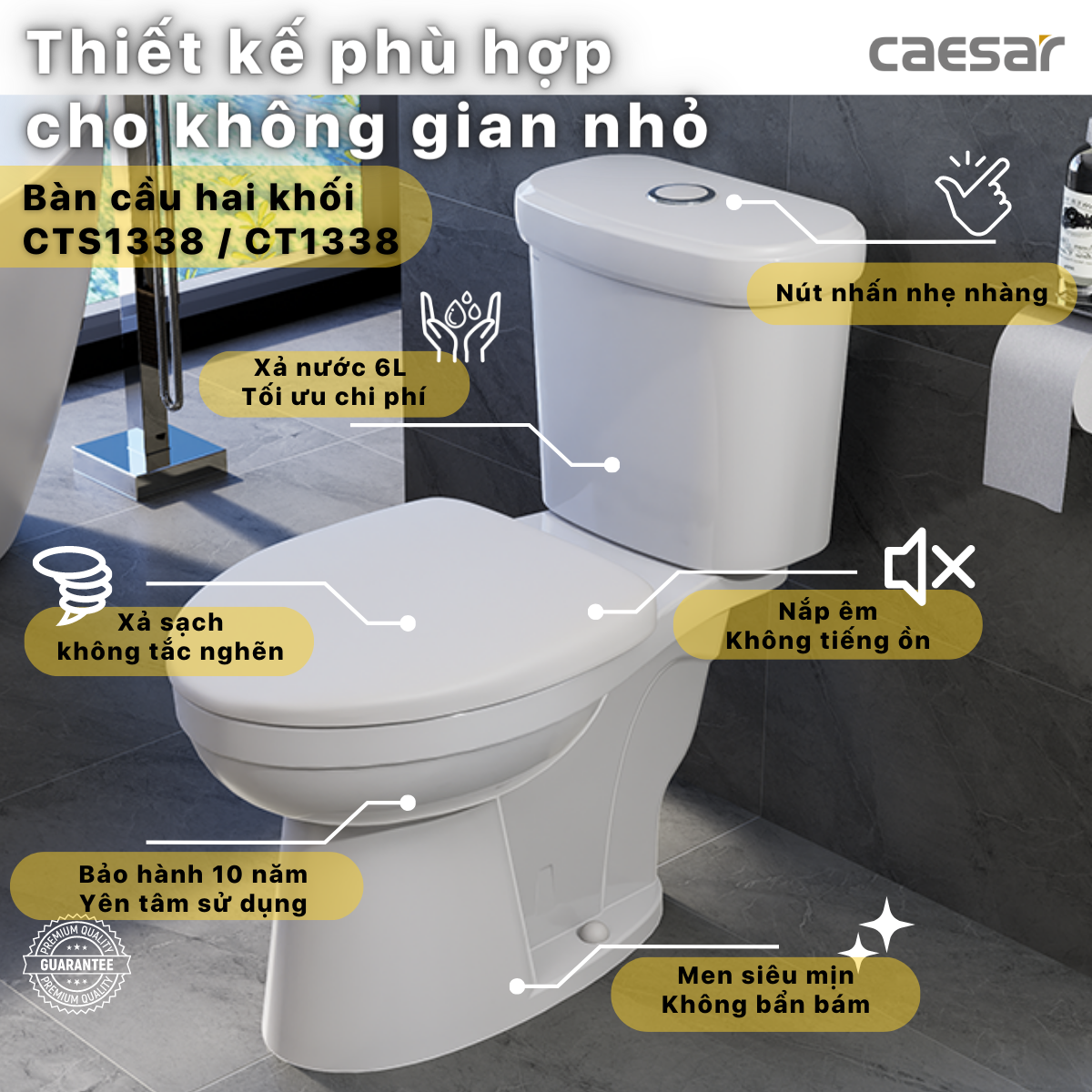 Bàn Cầu hai khối kết hợp với nắp điện tử Caesar CT1338/TAF512H