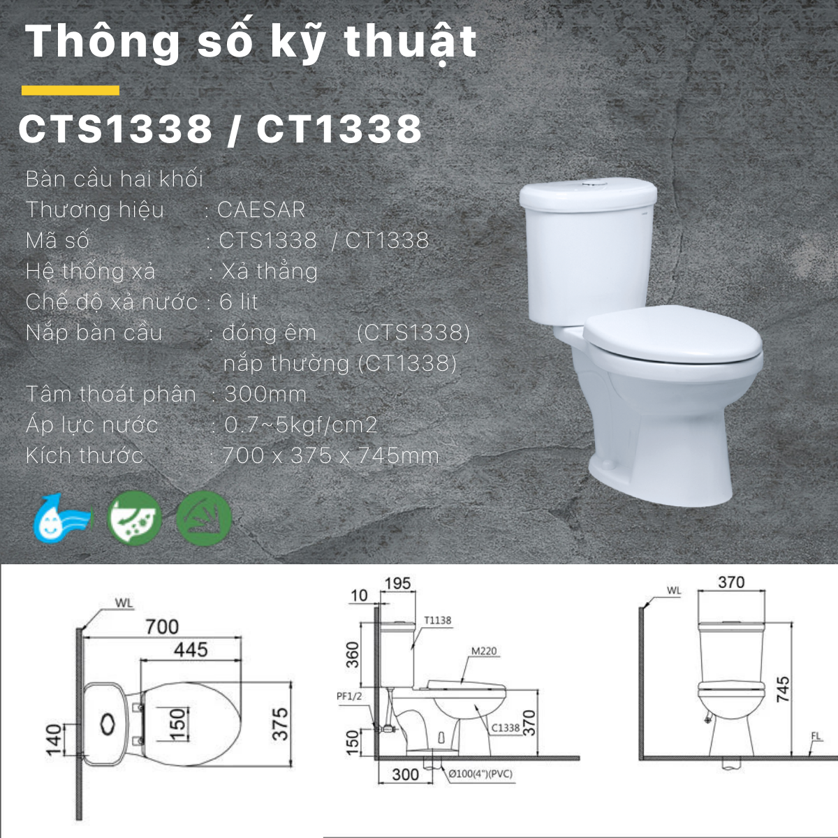 Bàn Cầu hai khối kết hợp với nắp điện tử Caesar CT1338/TAF512H