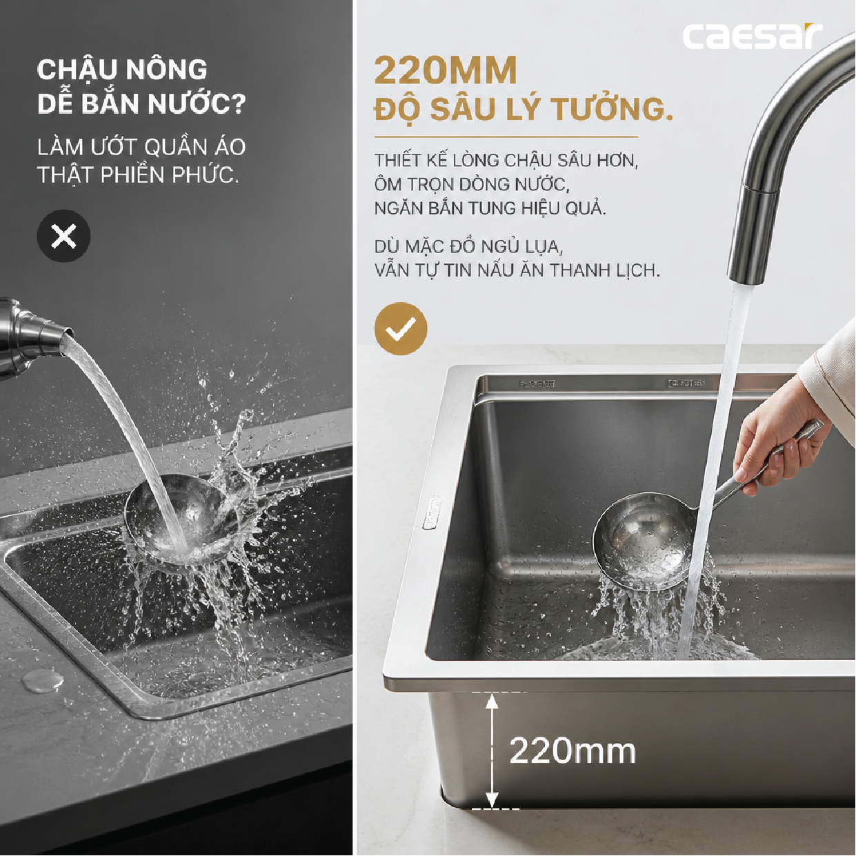 Chậu rửa chén inox 1 hộc âm viền Caesar KSH11H060SX